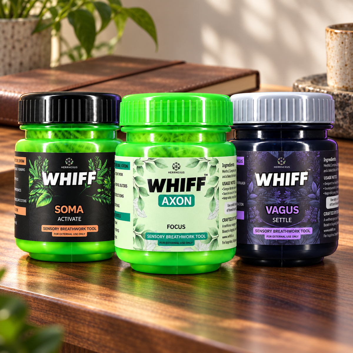 WHIFF Core System with one SOMA, one AXON and one VAGUS jar on a walnut console