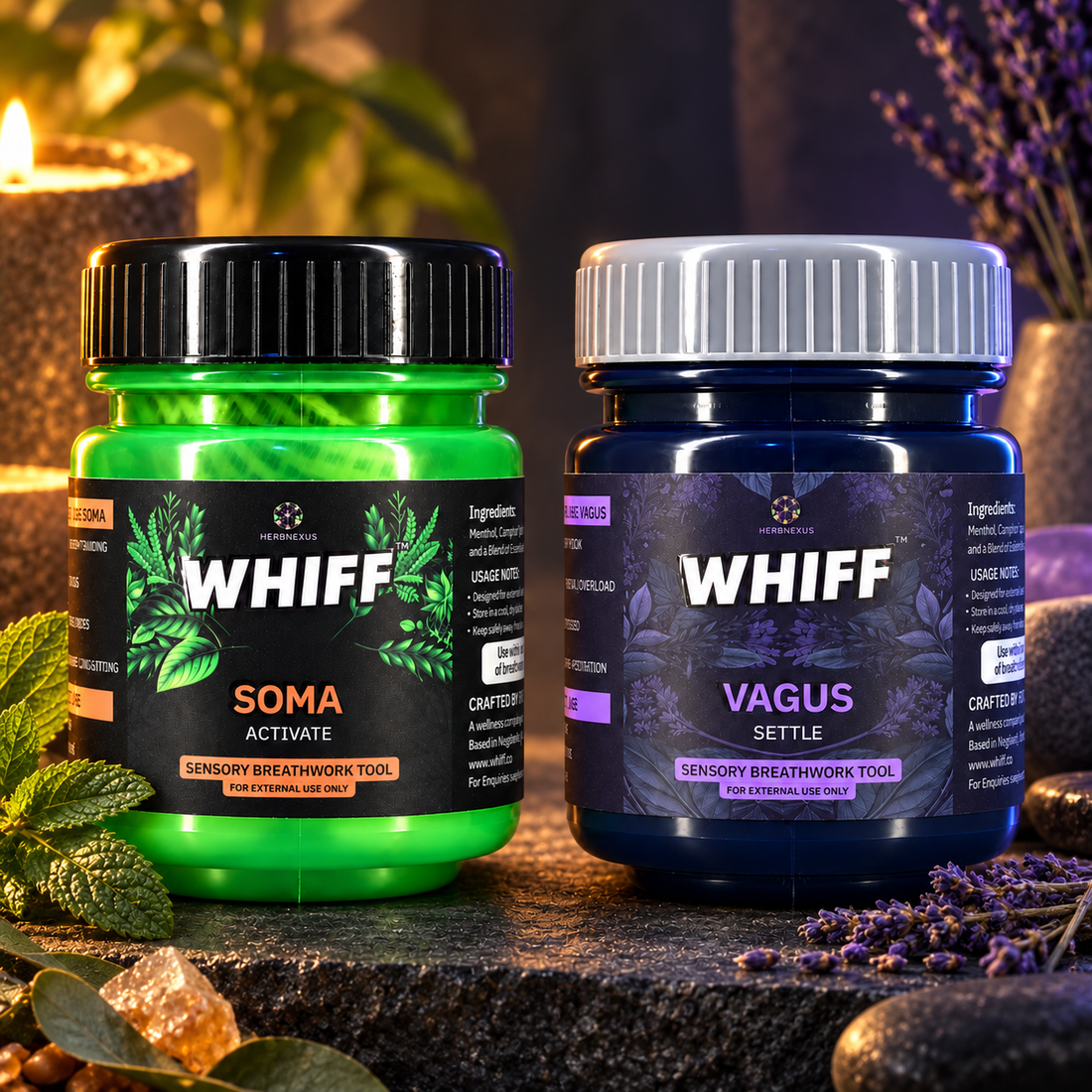 WHIFF Core Duo with one SOMA and one VAGUS jar in warm and cool lighting