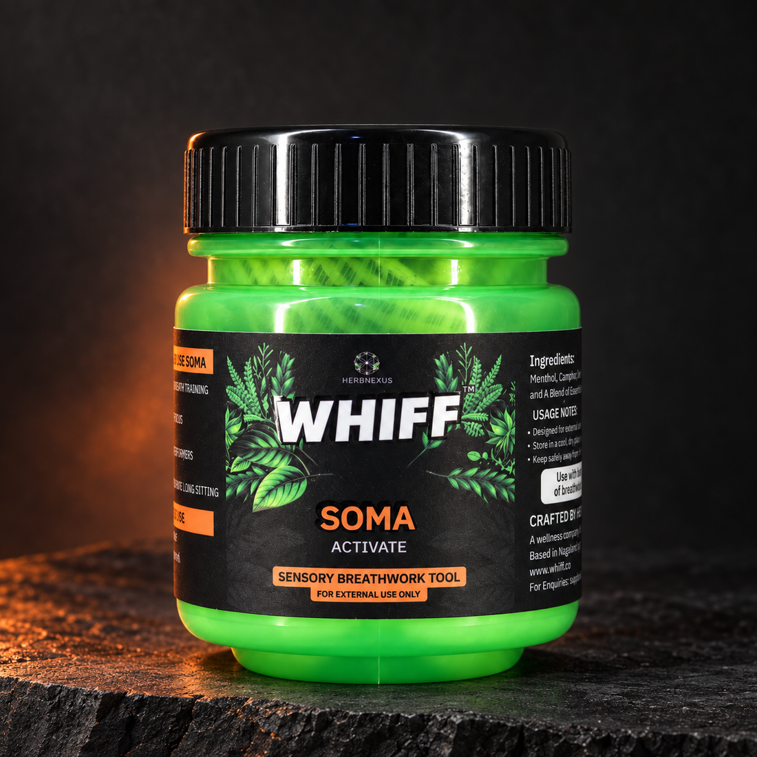 WHIFF SOMA jar on a dark charcoal studio background