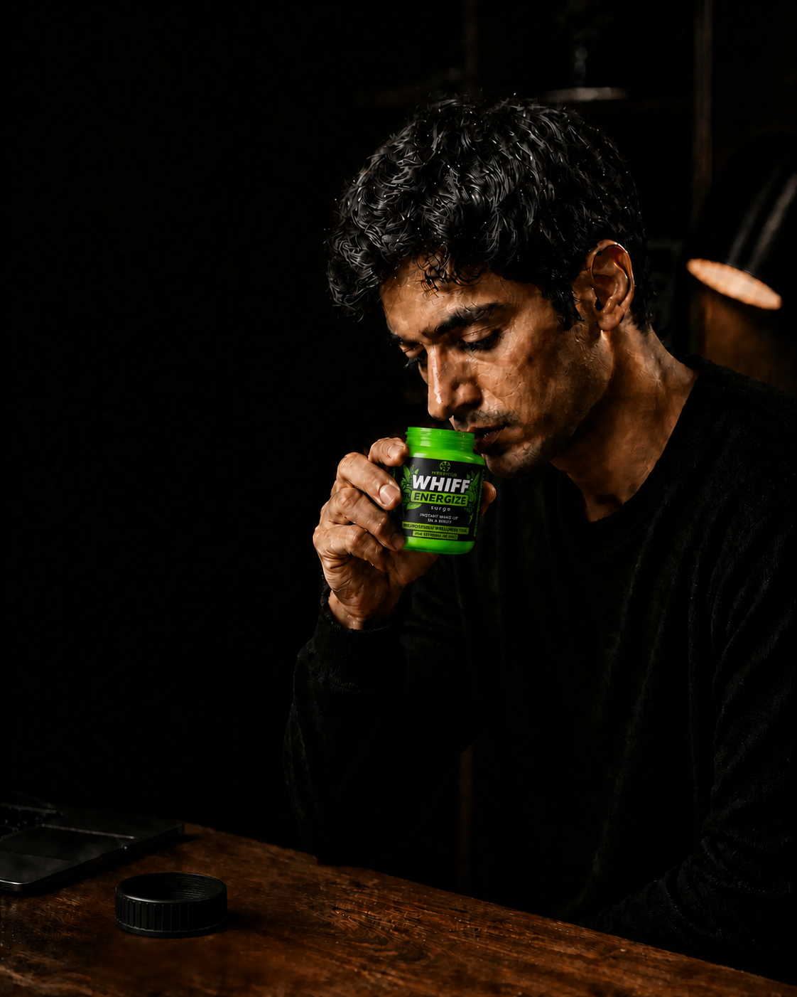 A person creating the physical sensory cue with a HERBNEXUS Energize Surge jar