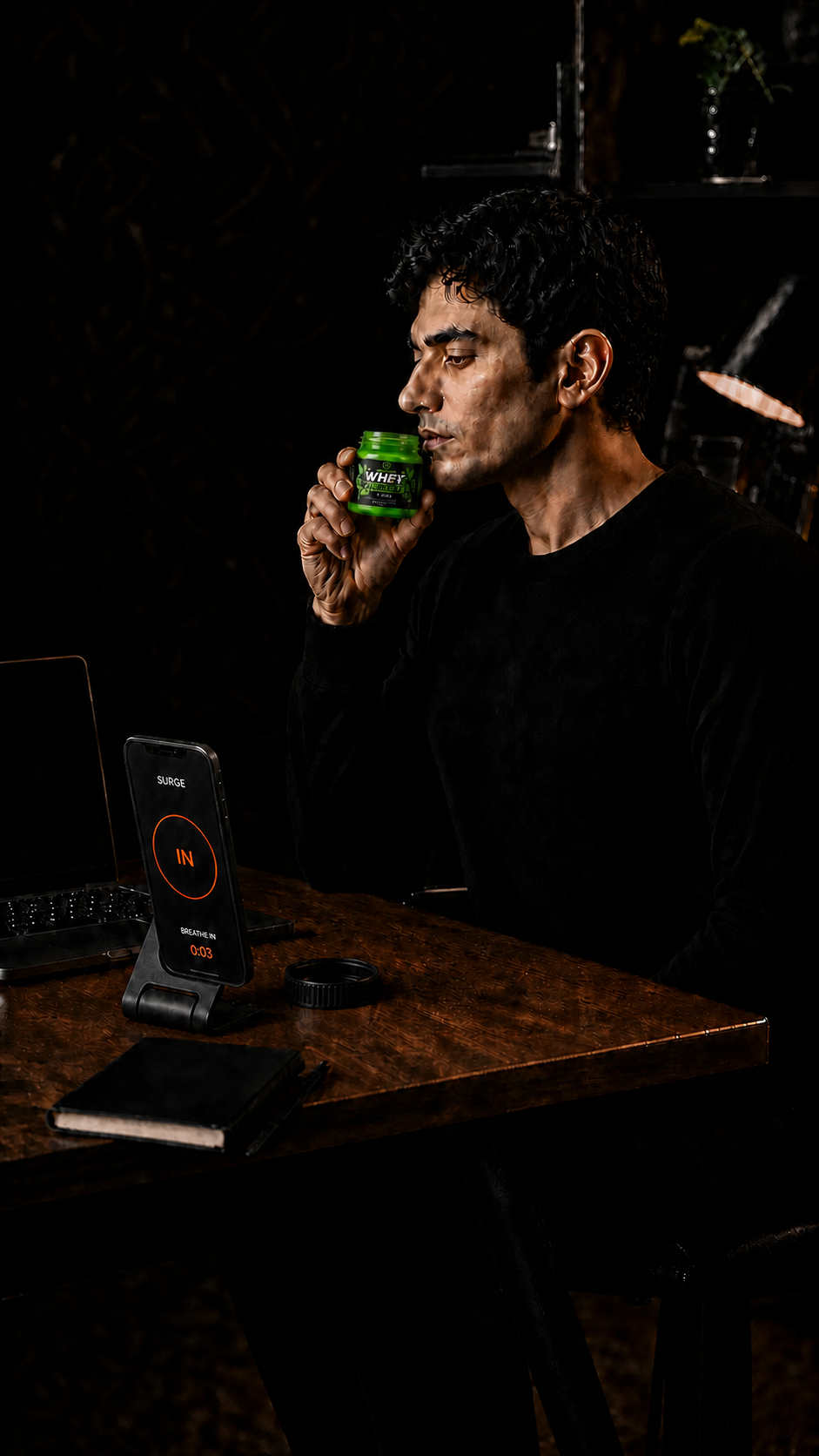A person following the guided breath ritual with a HERBNEXUS Energize Surge jar