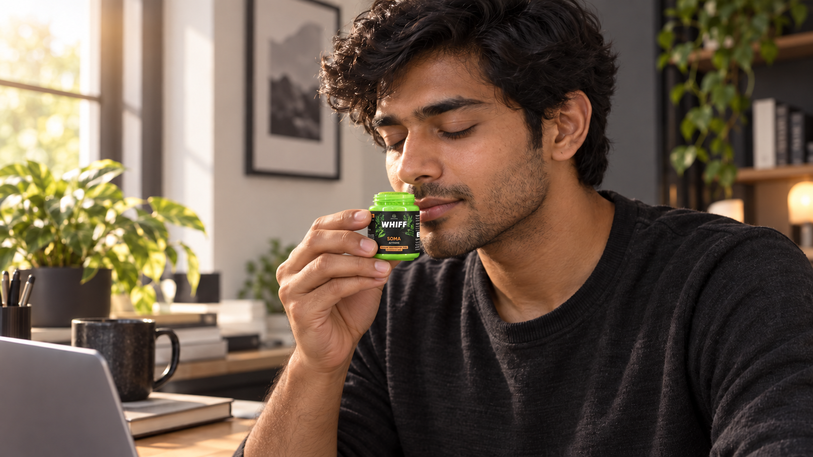 A person keeping a correctly scaled WHIFF SOMA jar close to the nose while running the breath protocol
